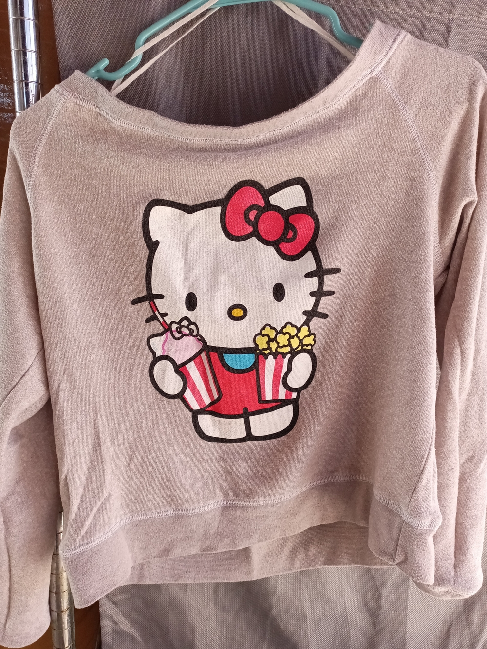 Hello Kitty Taupe Crewneck Sweatshirt with Pink Bow Graphic